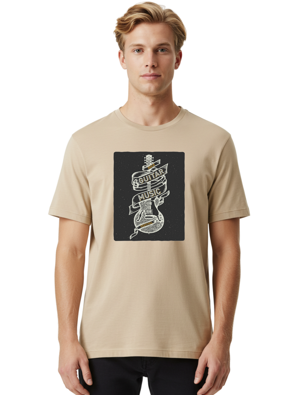 Rock-Guitar-Music-Festival Men'S Graphic Tee, 100% Cotton, Comfortable Casual Summer Wear, Machine Washable, Rock Guitar, Music Festival, Guitar Illustration, Festival Banner, Music Event, Rock Concert, Guitar Art, Festival Graphics, Aac439