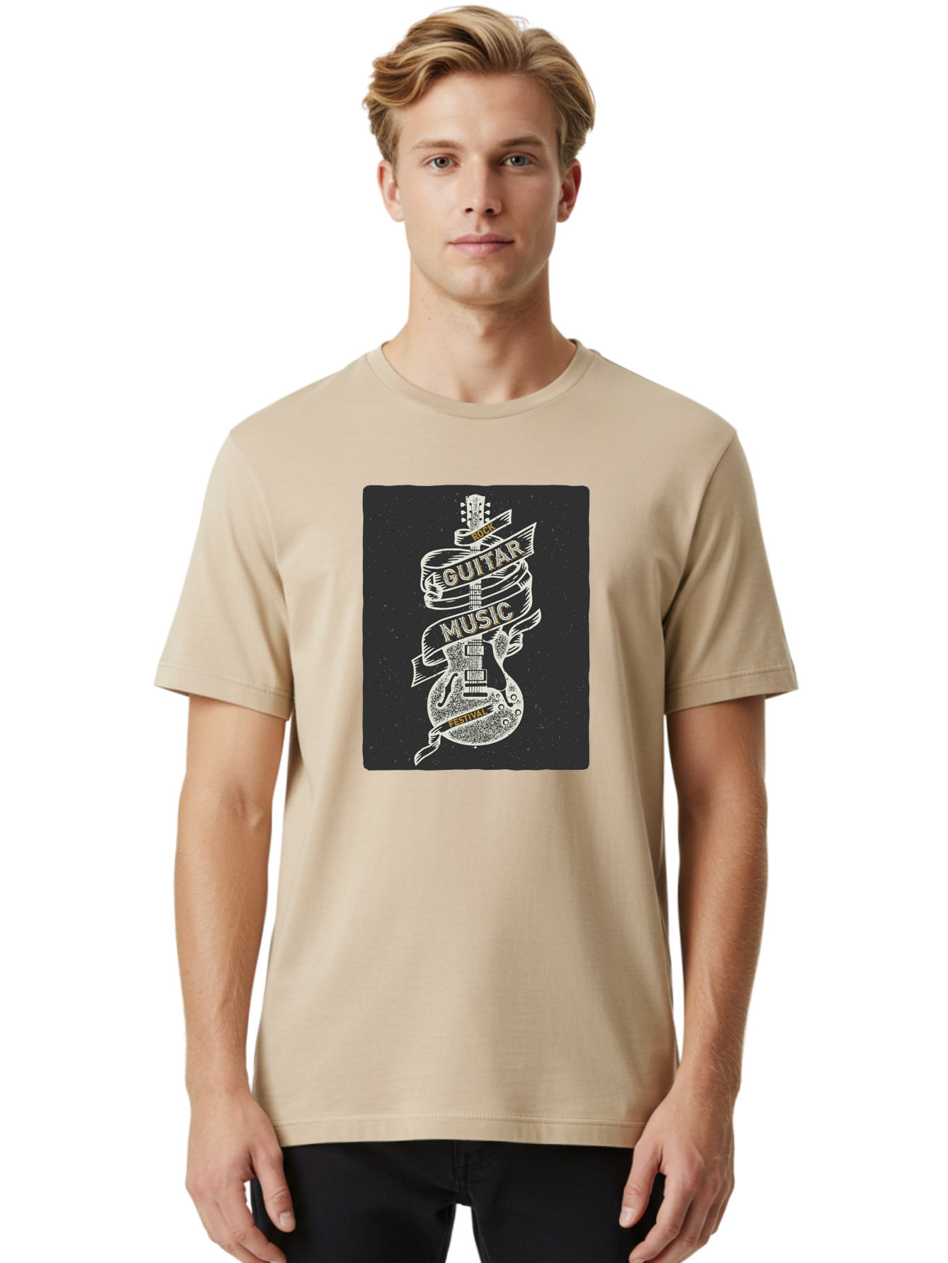 Rock-Guitar-Music-Festival Men'S Graphic Tee, 100% Cotton, Comfortable Casual Summer Wear, Machine Washable, Rock Guitar, Music Festival, Guitar Illustration, Festival Banner, Music Event, Rock Concert, Guitar Art, Festival Graphics, Aac439