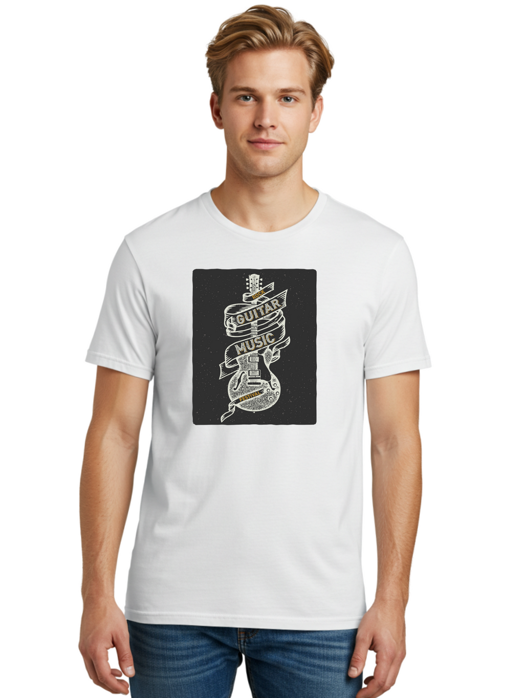 Rock-Guitar-Music-Festival Men'S Graphic Tee, 100% Cotton, Comfortable Casual Summer Wear, Machine Washable, Rock Guitar, Music Festival, Guitar Illustration, Festival Banner, Music Event, Rock Concert, Guitar Art, Festival Graphics, Aac439