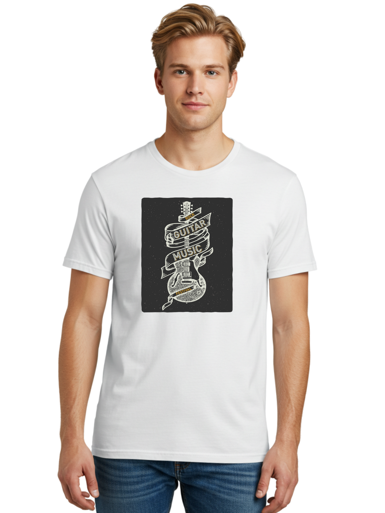 Rock-Guitar-Music-Festival Men'S Graphic Tee, 100% Cotton, Comfortable Casual Summer Wear, Machine Washable, Rock Guitar, Music Festival, Guitar Illustration, Festival Banner, Music Event, Rock Concert, Guitar Art, Festival Graphics, Aac439