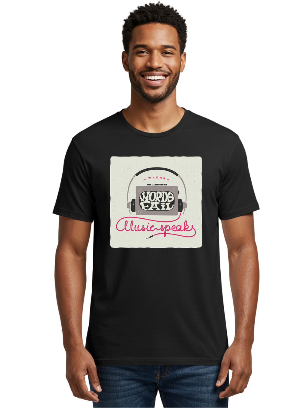 Where-Words-Fail-Music-Speaks-1 Men'S Graphic Tee, 100% Cotton, Comfortable Casual Summer Wear, Machine Washable, Music Speaks, Where Words Fail, Inspirational Quotes, Motivational Phrases, Music Headphones, Retro Style, Artistic Expression, Aac440