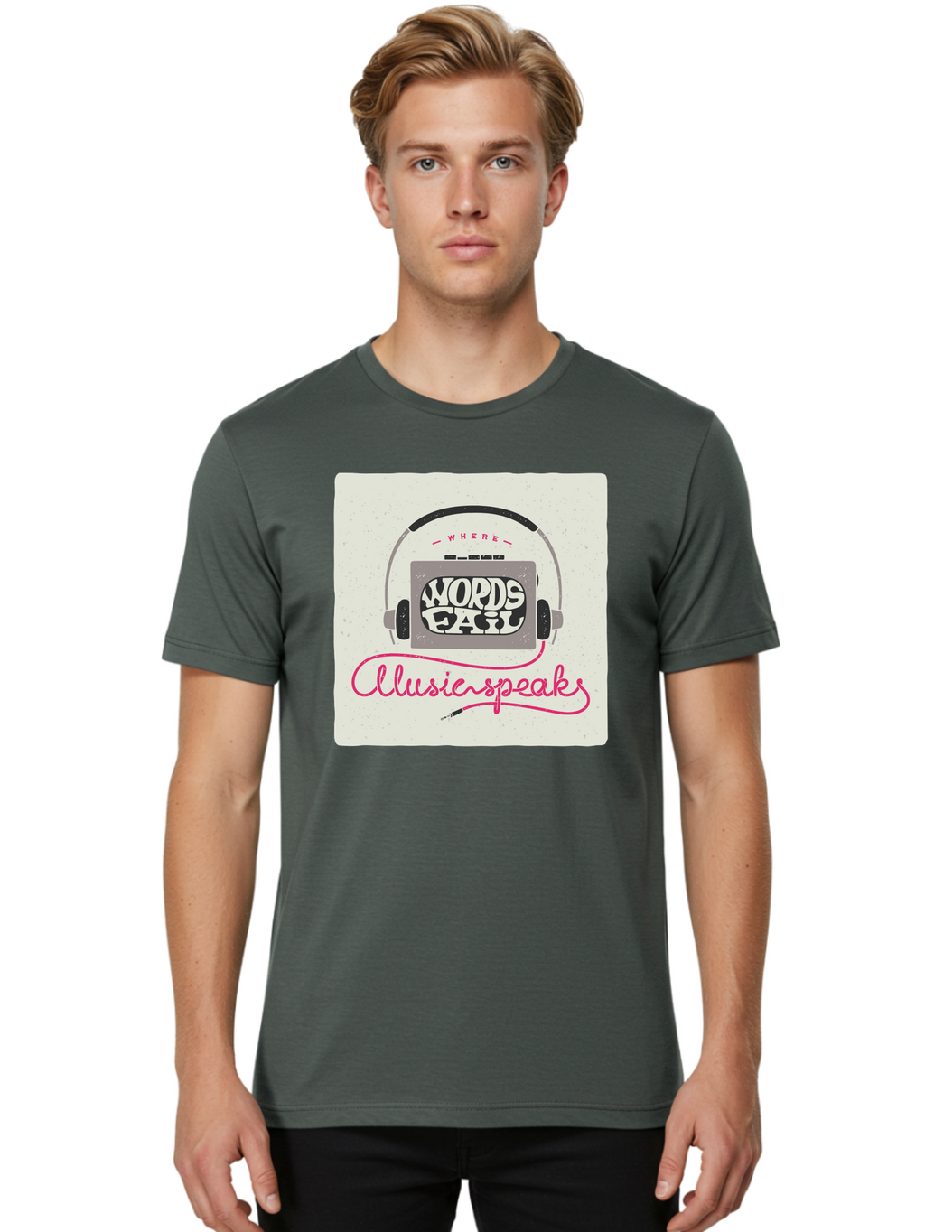 Where-Words-Fail-Music-Speaks-1 Men'S Graphic Tee, 100% Cotton, Comfortable Casual Summer Wear, Machine Washable, Music Speaks, Where Words Fail, Inspirational Quotes, Motivational Phrases, Music Headphones, Retro Style, Artistic Expression, Aac440