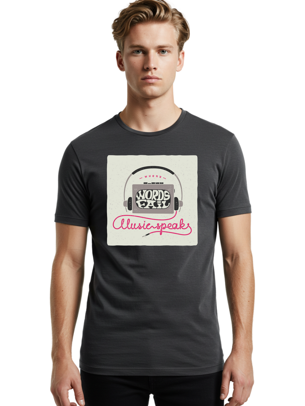 Where-Words-Fail-Music-Speaks-1 Men'S Graphic Tee, 100% Cotton, Comfortable Casual Summer Wear, Machine Washable, Music Speaks, Where Words Fail, Inspirational Quotes, Motivational Phrases, Music Headphones, Retro Style, Artistic Expression, Aac440