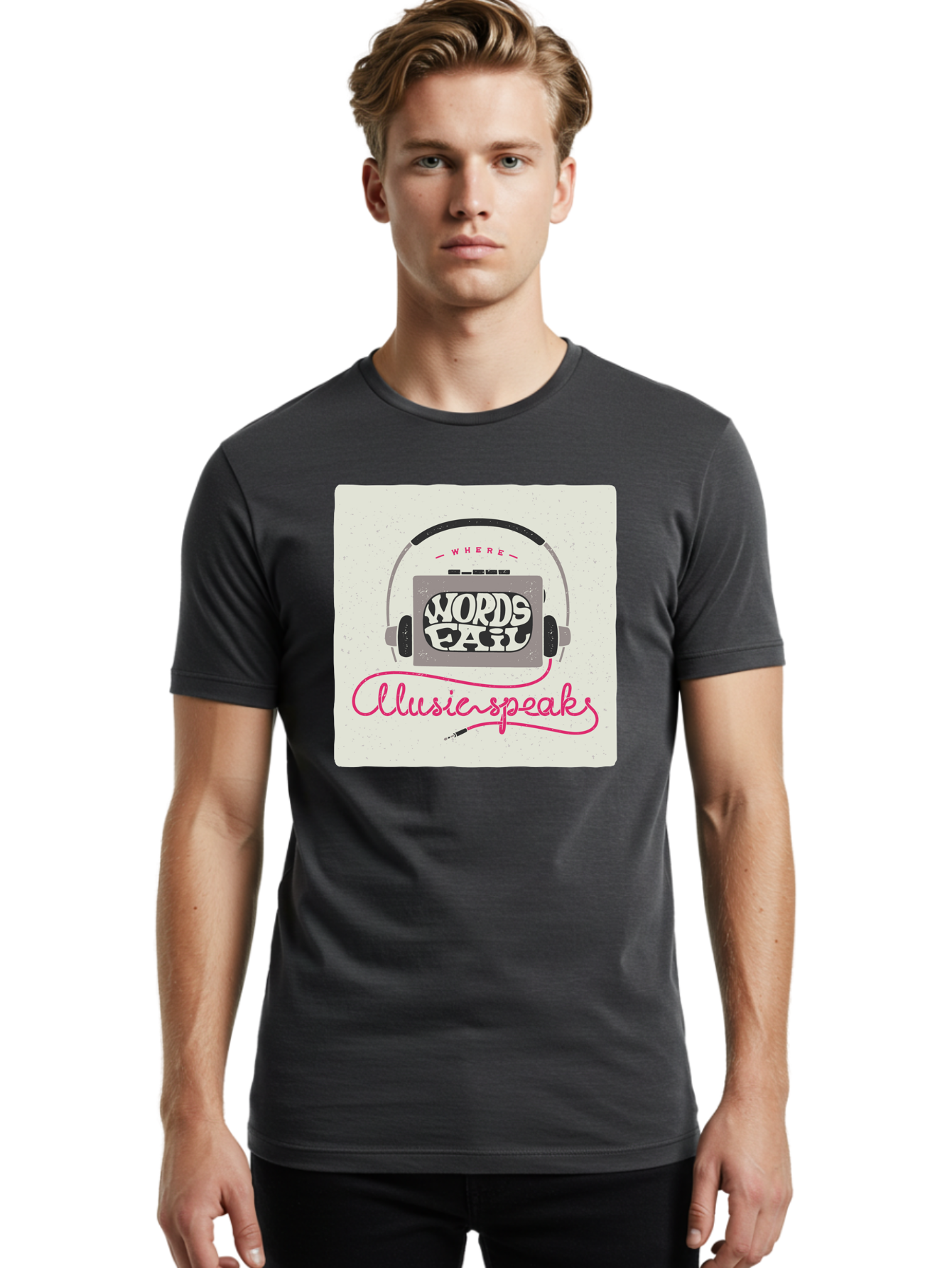 Where-Words-Fail-Music-Speaks-1 Men'S Graphic Tee, 100% Cotton, Comfortable Casual Summer Wear, Machine Washable, Music Speaks, Where Words Fail, Inspirational Quotes, Motivational Phrases, Music Headphones, Retro Style, Artistic Expression, Aac440