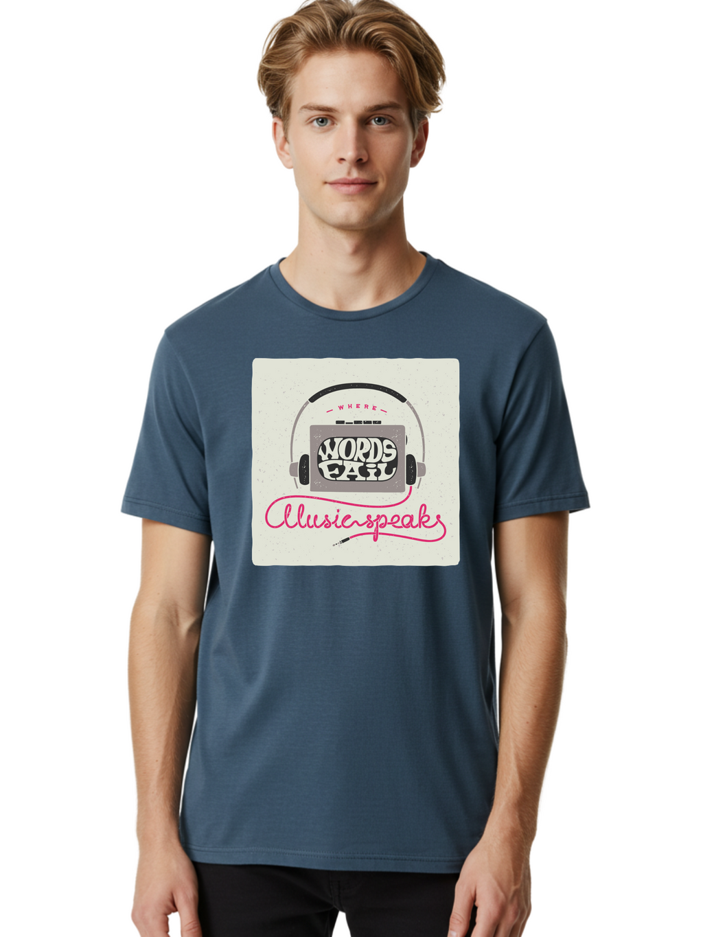 Where-Words-Fail-Music-Speaks-1 Men'S Graphic Tee, 100% Cotton, Comfortable Casual Summer Wear, Machine Washable, Music Speaks, Where Words Fail, Inspirational Quotes, Motivational Phrases, Music Headphones, Retro Style, Artistic Expression, Aac440