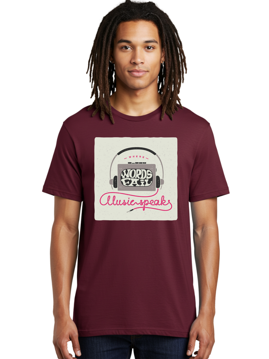 Where-Words-Fail-Music-Speaks-1 Men'S Graphic Tee, 100% Cotton, Comfortable Casual Summer Wear, Machine Washable, Music Speaks, Where Words Fail, Inspirational Quotes, Motivational Phrases, Music Headphones, Retro Style, Artistic Expression, Aac440