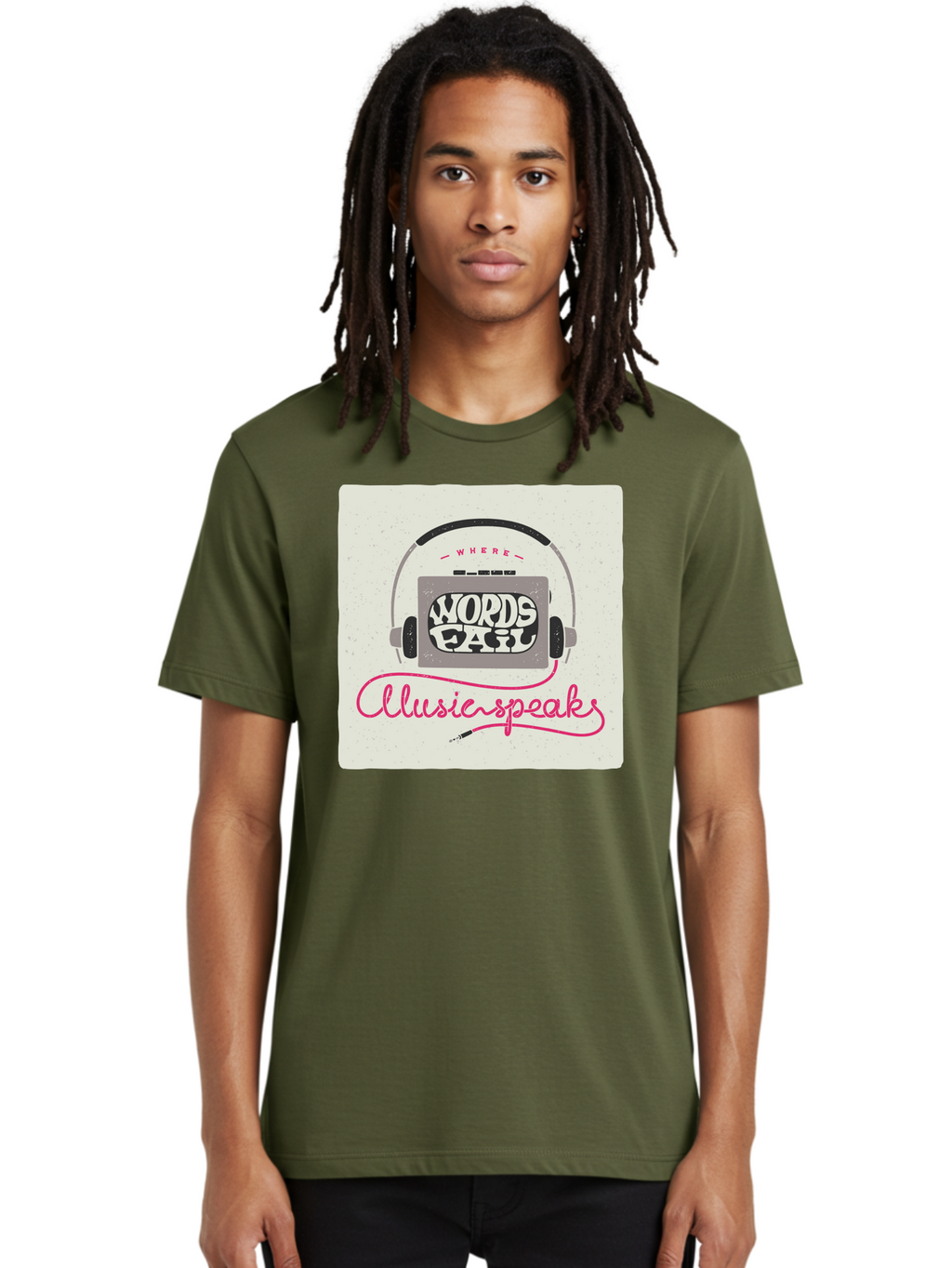 Where-Words-Fail-Music-Speaks-1 Men'S Graphic Tee, 100% Cotton, Comfortable Casual Summer Wear, Machine Washable, Music Speaks, Where Words Fail, Inspirational Quotes, Motivational Phrases, Music Headphones, Retro Style, Artistic Expression, Aac440