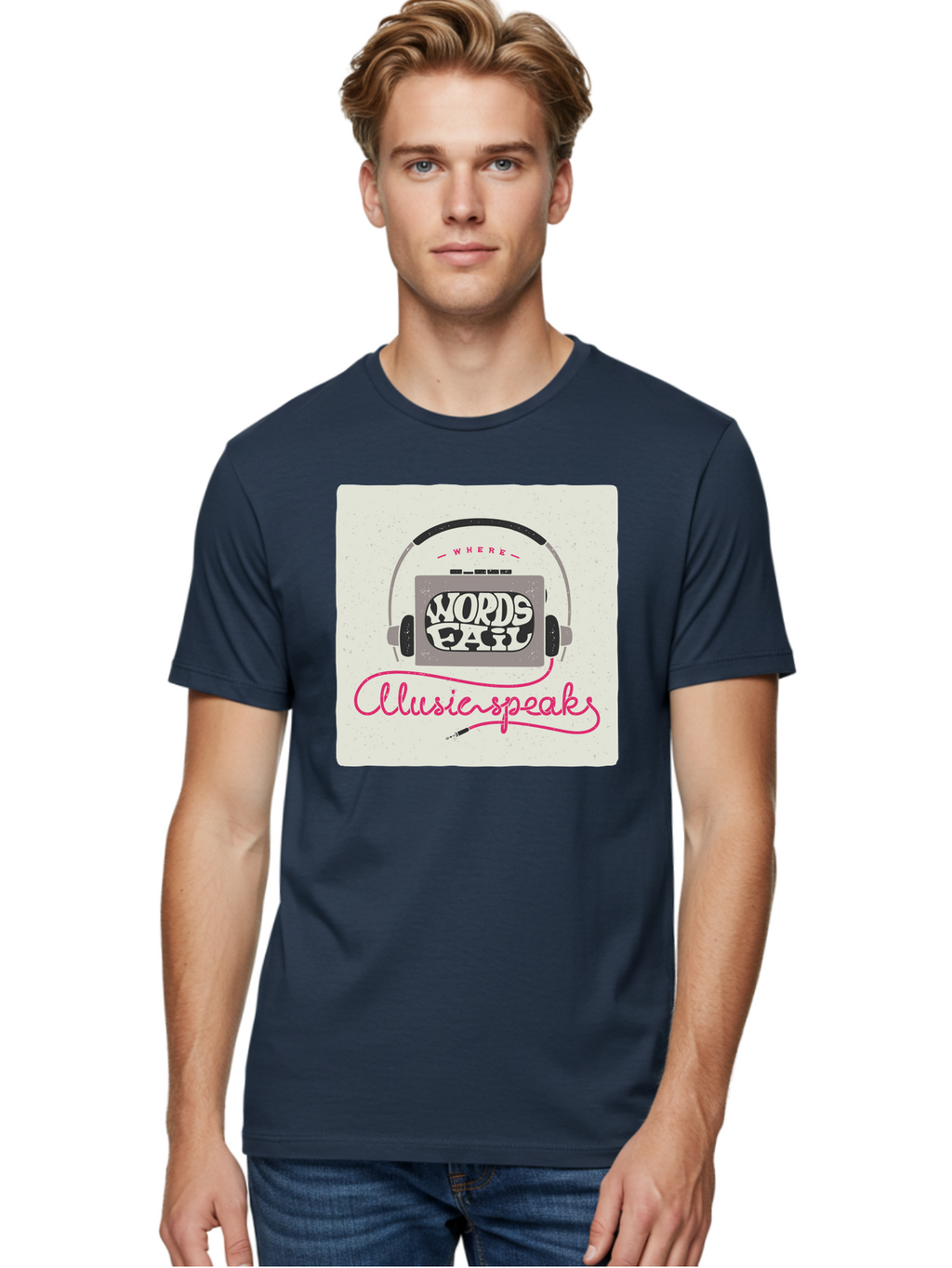 Where-Words-Fail-Music-Speaks-1 Men'S Graphic Tee, 100% Cotton, Comfortable Casual Summer Wear, Machine Washable, Music Speaks, Where Words Fail, Inspirational Quotes, Motivational Phrases, Music Headphones, Retro Style, Artistic Expression, Aac440