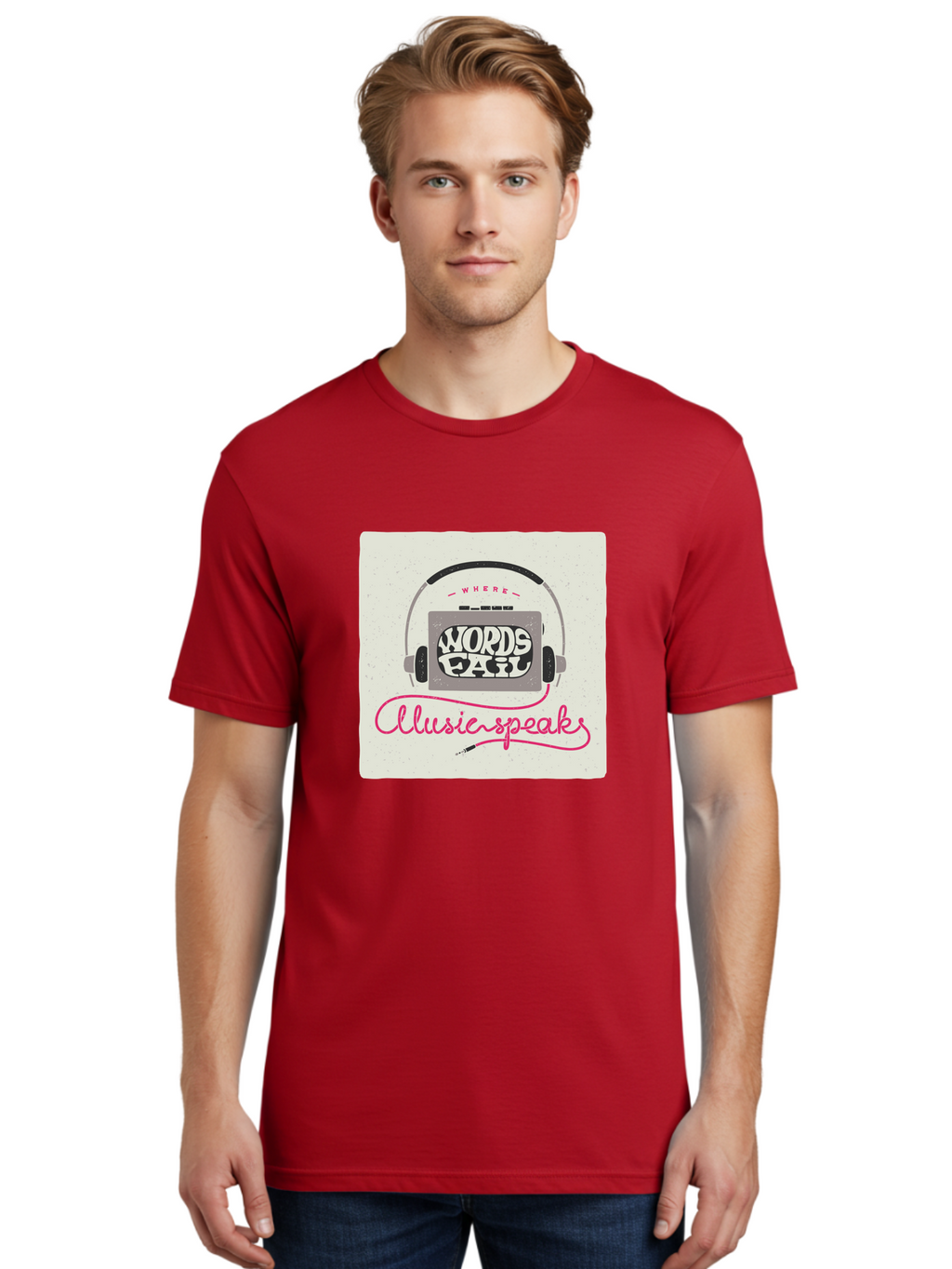 Where-Words-Fail-Music-Speaks-1 Men'S Graphic Tee, 100% Cotton, Comfortable Casual Summer Wear, Machine Washable, Music Speaks, Where Words Fail, Inspirational Quotes, Motivational Phrases, Music Headphones, Retro Style, Artistic Expression, Aac440