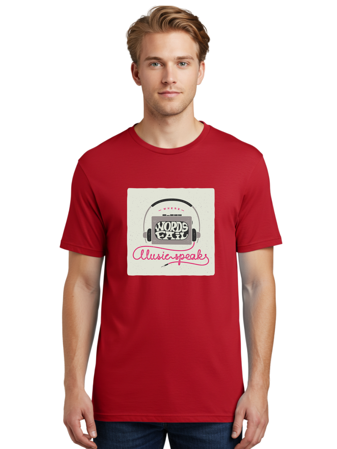 Where-Words-Fail-Music-Speaks-1 Men'S Graphic Tee, 100% Cotton, Comfortable Casual Summer Wear, Machine Washable, Music Speaks, Where Words Fail, Inspirational Quotes, Motivational Phrases, Music Headphones, Retro Style, Artistic Expression, Aac440