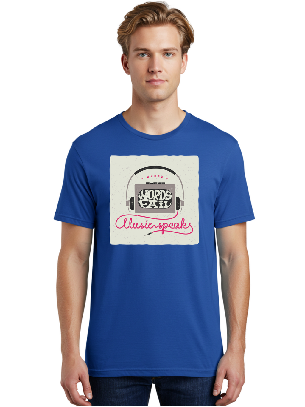 Where-Words-Fail-Music-Speaks-1 Men'S Graphic Tee, 100% Cotton, Comfortable Casual Summer Wear, Machine Washable, Music Speaks, Where Words Fail, Inspirational Quotes, Motivational Phrases, Music Headphones, Retro Style, Artistic Expression, Aac440