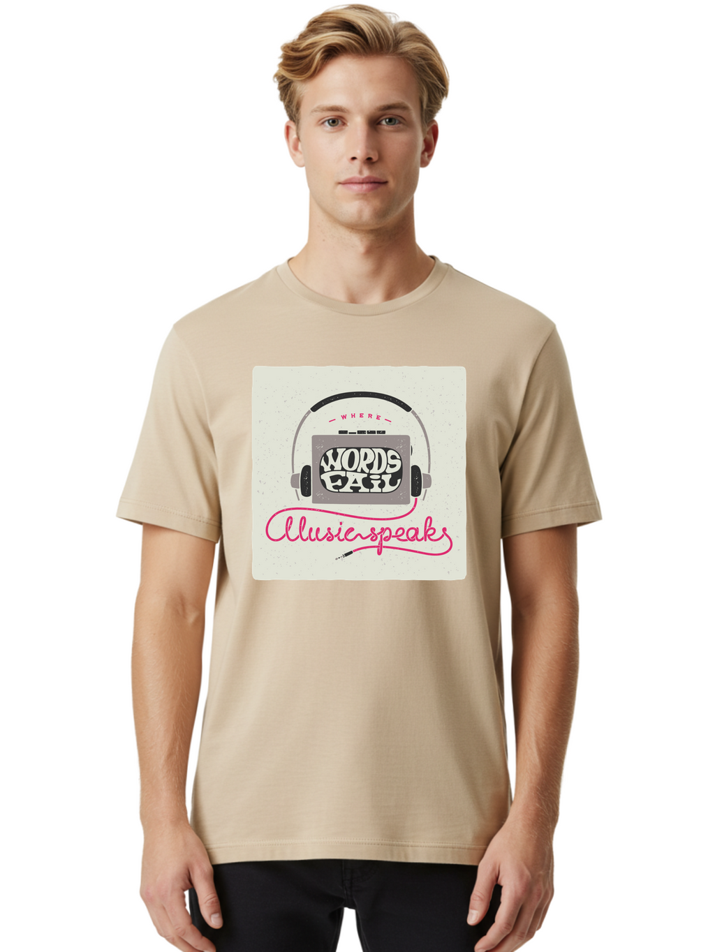 Where-Words-Fail-Music-Speaks-1 Men'S Graphic Tee, 100% Cotton, Comfortable Casual Summer Wear, Machine Washable, Music Speaks, Where Words Fail, Inspirational Quotes, Motivational Phrases, Music Headphones, Retro Style, Artistic Expression, Aac440