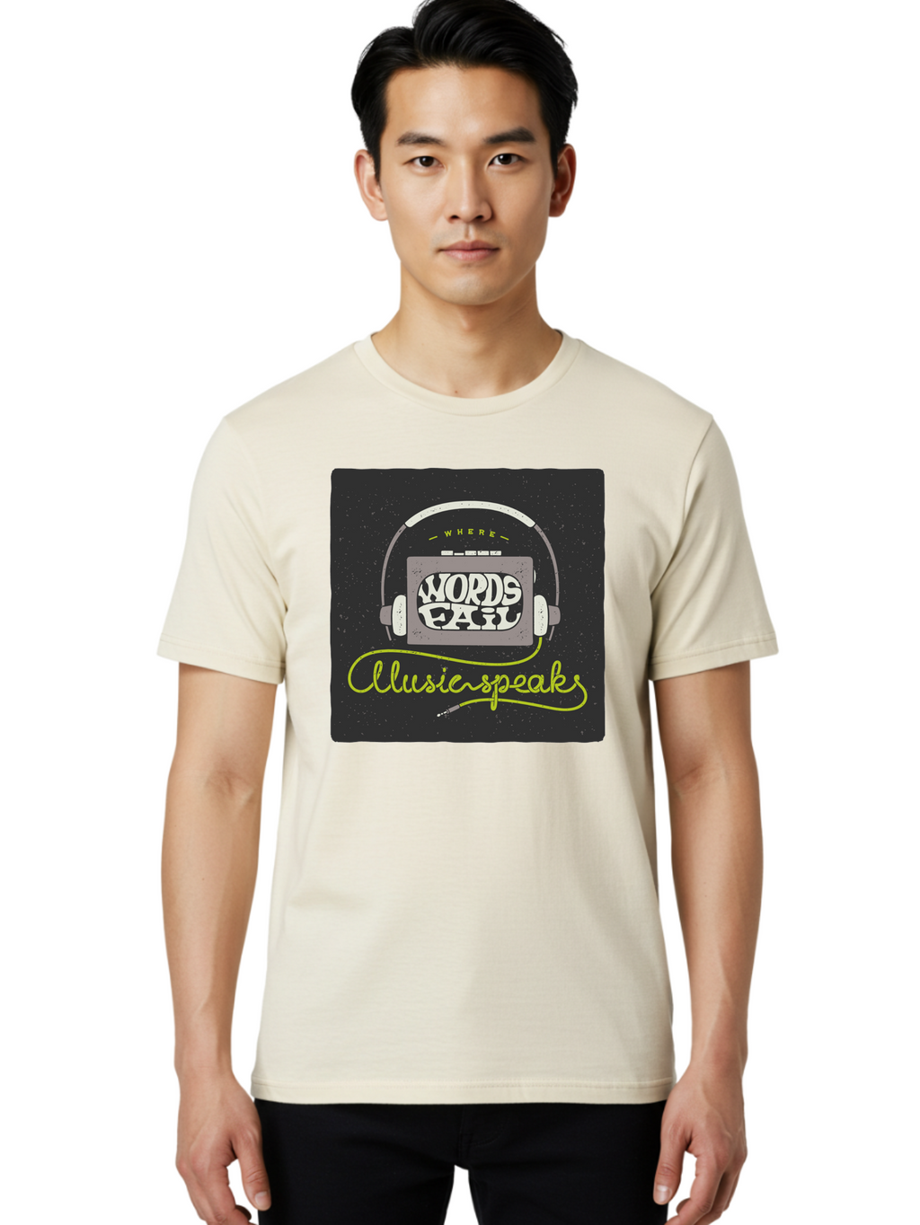 Where-Words-Fail-Music-Speaks Men'S Graphic Tee, 100% Cotton, Comfortable Casual Summer Wear, Machine Washable, Music Inspiration, Emotional Expression, Creative Quotes, Motivational Phrases, Where Words Fail Music Speaks, Aac441