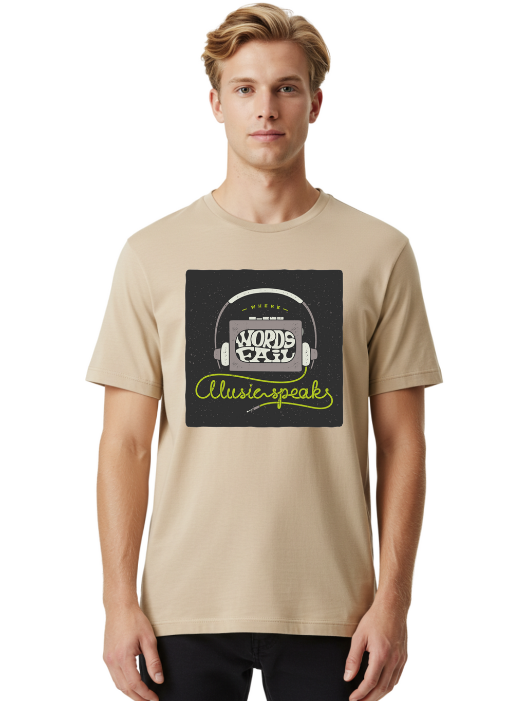 Where-Words-Fail-Music-Speaks Men'S Graphic Tee, 100% Cotton, Comfortable Casual Summer Wear, Machine Washable, Music Inspiration, Emotional Expression, Creative Quotes, Motivational Phrases, Where Words Fail Music Speaks, Aac441