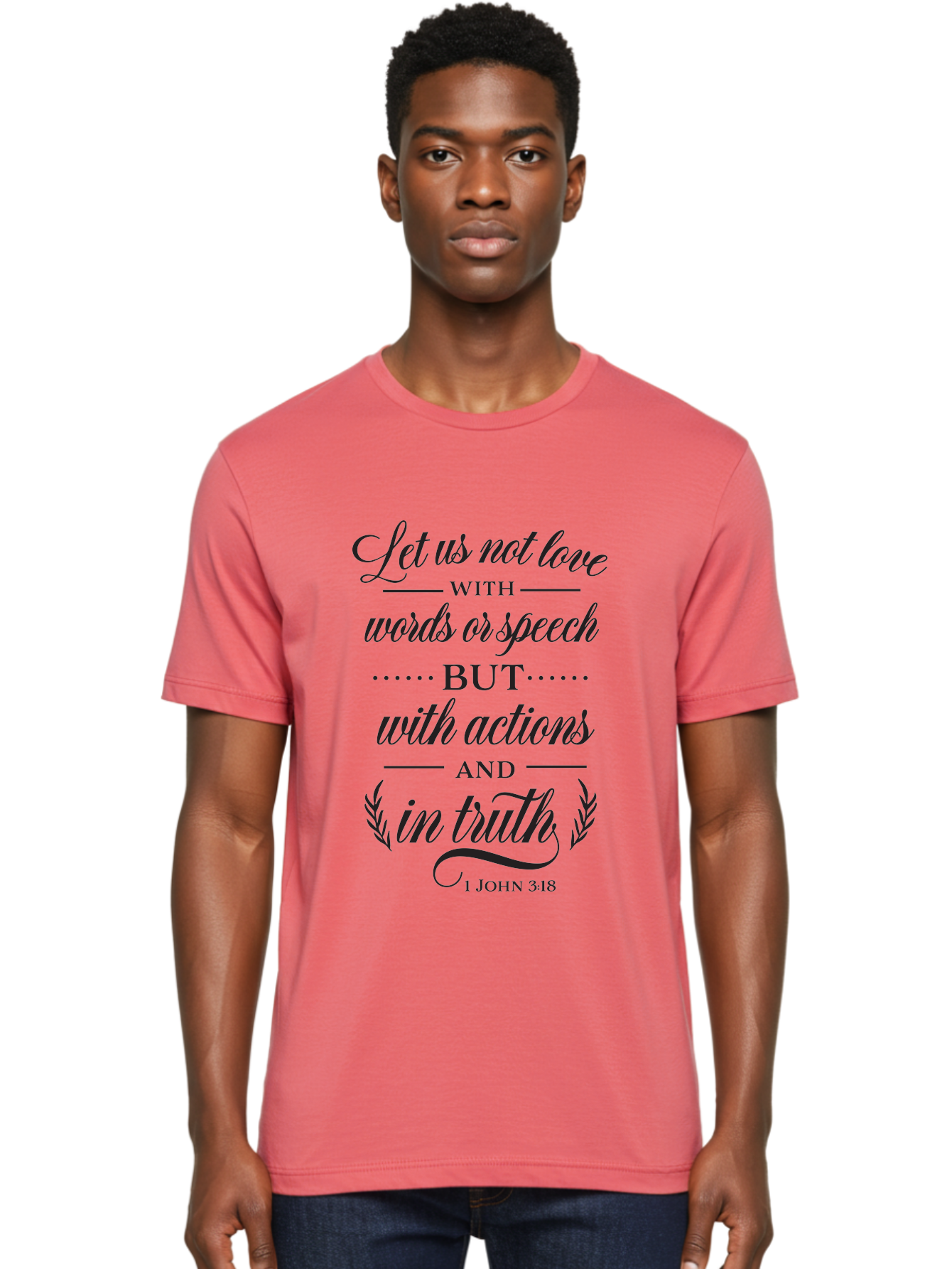 1-John-3-18 Men'S Graphic Tee, 100% Cotton, Comfortable Casual Summer Wear, Machine Washable, Inspirational Quote, Biblical Verse, 1 John 3:18, Love In Truth, Actions Over Words, Spiritual Guidance, Faith-Based Message, Motivational Words Aac442