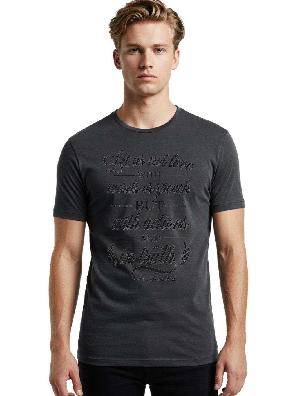 1-John-3-18 Men'S Graphic Tee, 100% Cotton, Comfortable Casual Summer Wear, Machine Washable, Inspirational Quote, Biblical Verse, 1 John 3:18, Love In Truth, Actions Over Words, Spiritual Guidance, Faith-Based Message, Motivational Words Aac442