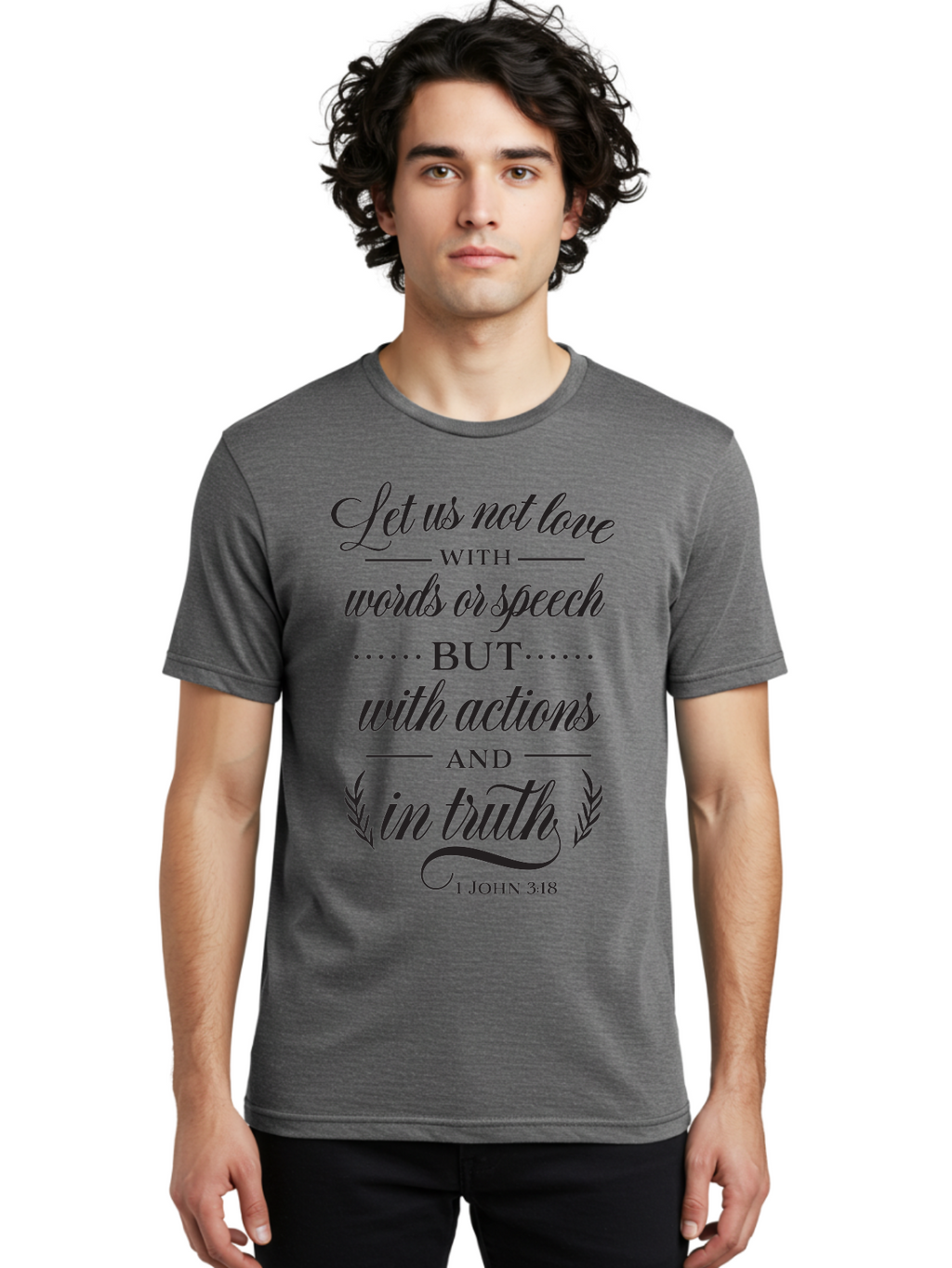 1-John-3-18 Men'S Graphic Tee, 100% Cotton, Comfortable Casual Summer Wear, Machine Washable, Inspirational Quote, Biblical Verse, 1 John 3:18, Love In Truth, Actions Over Words, Spiritual Guidance, Faith-Based Message, Motivational Words Aac442