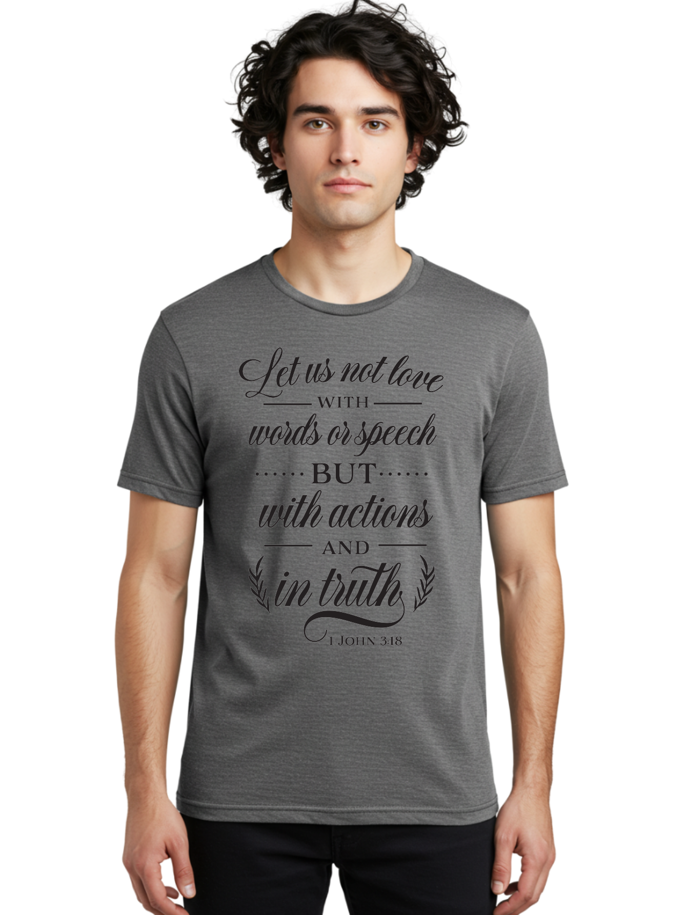 1-John-3-18 Men'S Graphic Tee, 100% Cotton, Comfortable Casual Summer Wear, Machine Washable, Inspirational Quote, Biblical Verse, 1 John 3:18, Love In Truth, Actions Over Words, Spiritual Guidance, Faith-Based Message, Motivational Words Aac442