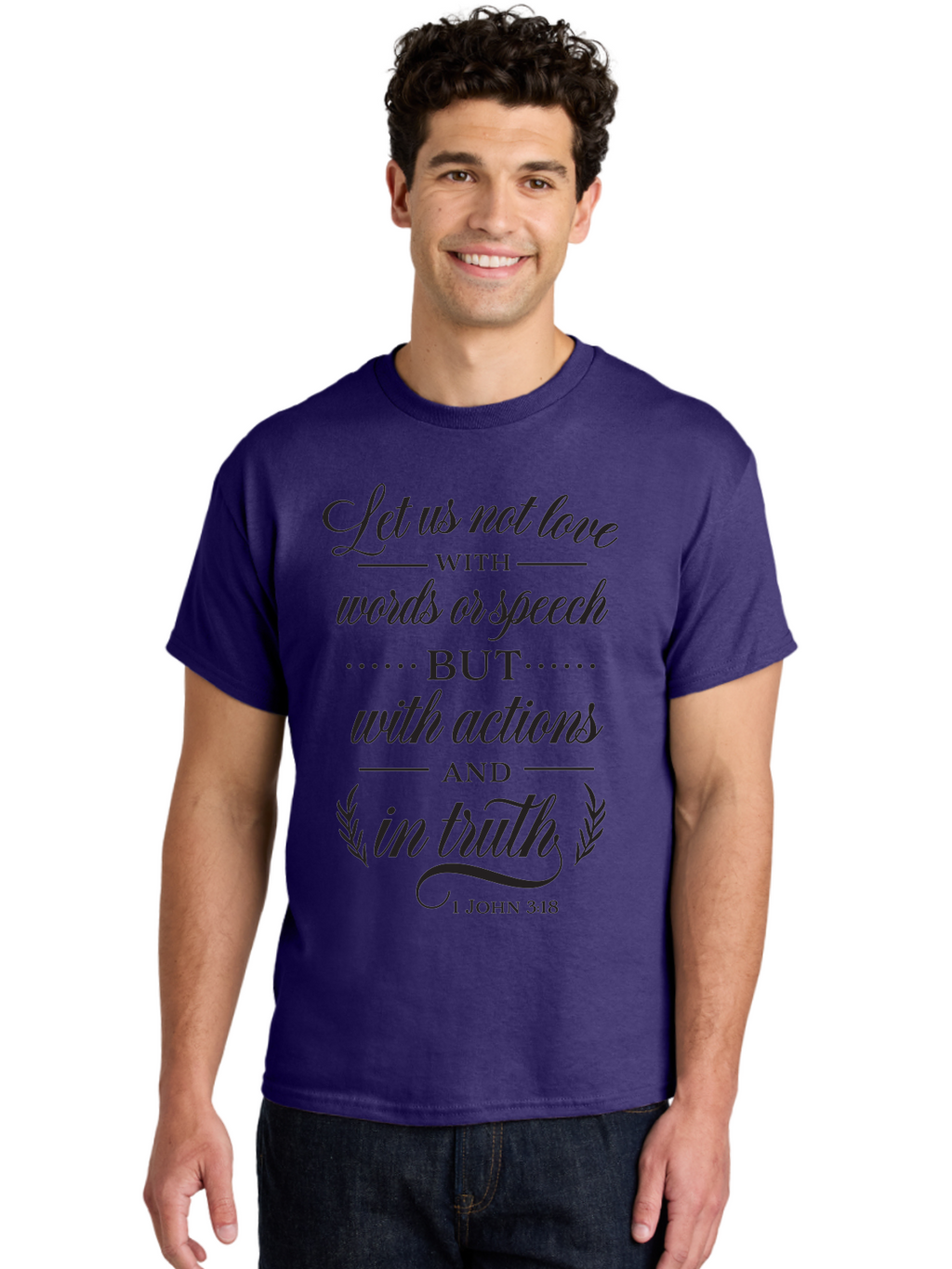 1-John-3-18 Men'S Graphic Tee, 100% Cotton, Comfortable Casual Summer Wear, Machine Washable, Inspirational Quote, Biblical Verse, 1 John 3:18, Love In Truth, Actions Over Words, Spiritual Guidance, Faith-Based Message, Motivational Words Aac442