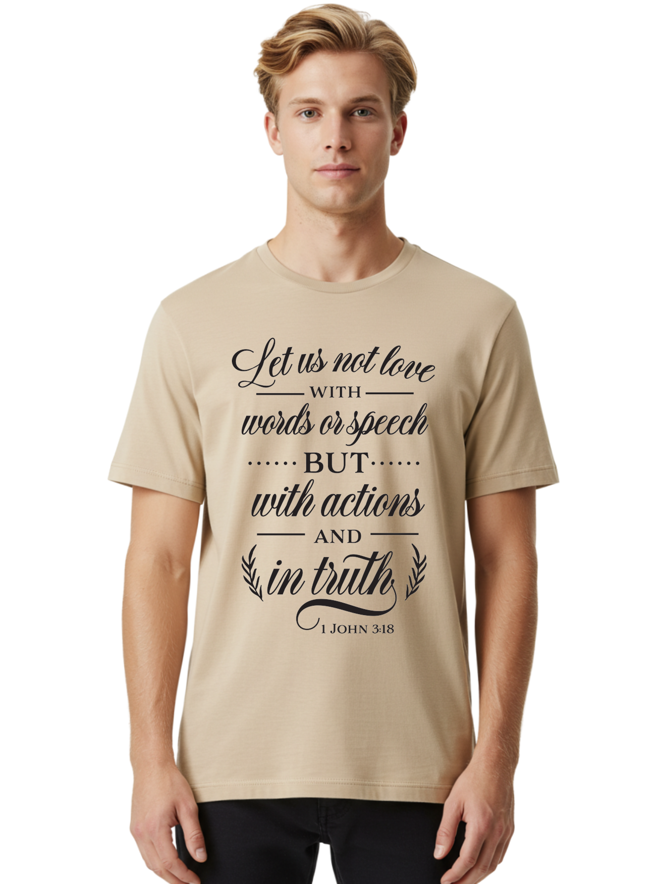 1-John-3-18 Men'S Graphic Tee, 100% Cotton, Comfortable Casual Summer Wear, Machine Washable, Inspirational Quote, Biblical Verse, 1 John 3:18, Love In Truth, Actions Over Words, Spiritual Guidance, Faith-Based Message, Motivational Words Aac442