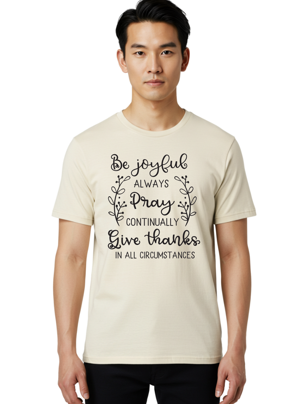 1-Thessalonians-5-16-18 Men'S Graphic Tee, 100% Cotton, Comfortable Casual Summer Wear, Machine Washable, Inspirational Quote, Motivational Words, Be Joyful, Pray Continually, Give Thanks, Positive Message, Uplifting Phrase, Faith-Based, Aac443