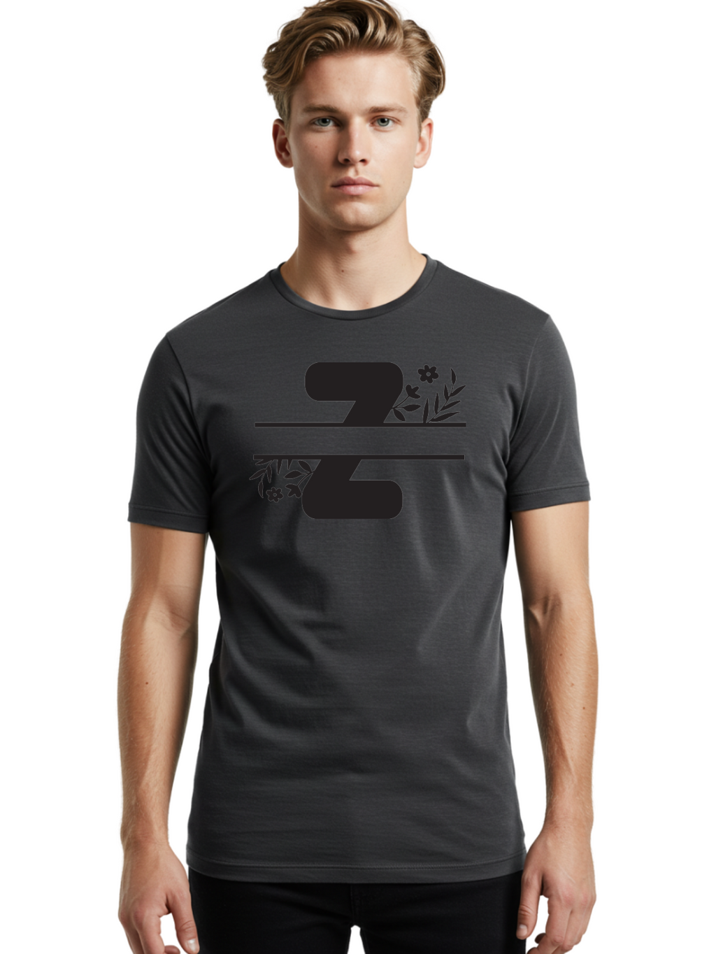 33 Men'S Graphic Tee, 100% Cotton, Comfortable Casual Summer Wear, Machine Washable, Number 33, Floral Design, Leafy Patterns, Flower Motifs, Elegant Typography, Decorative Elements, Black And Green Color Scheme Aac446