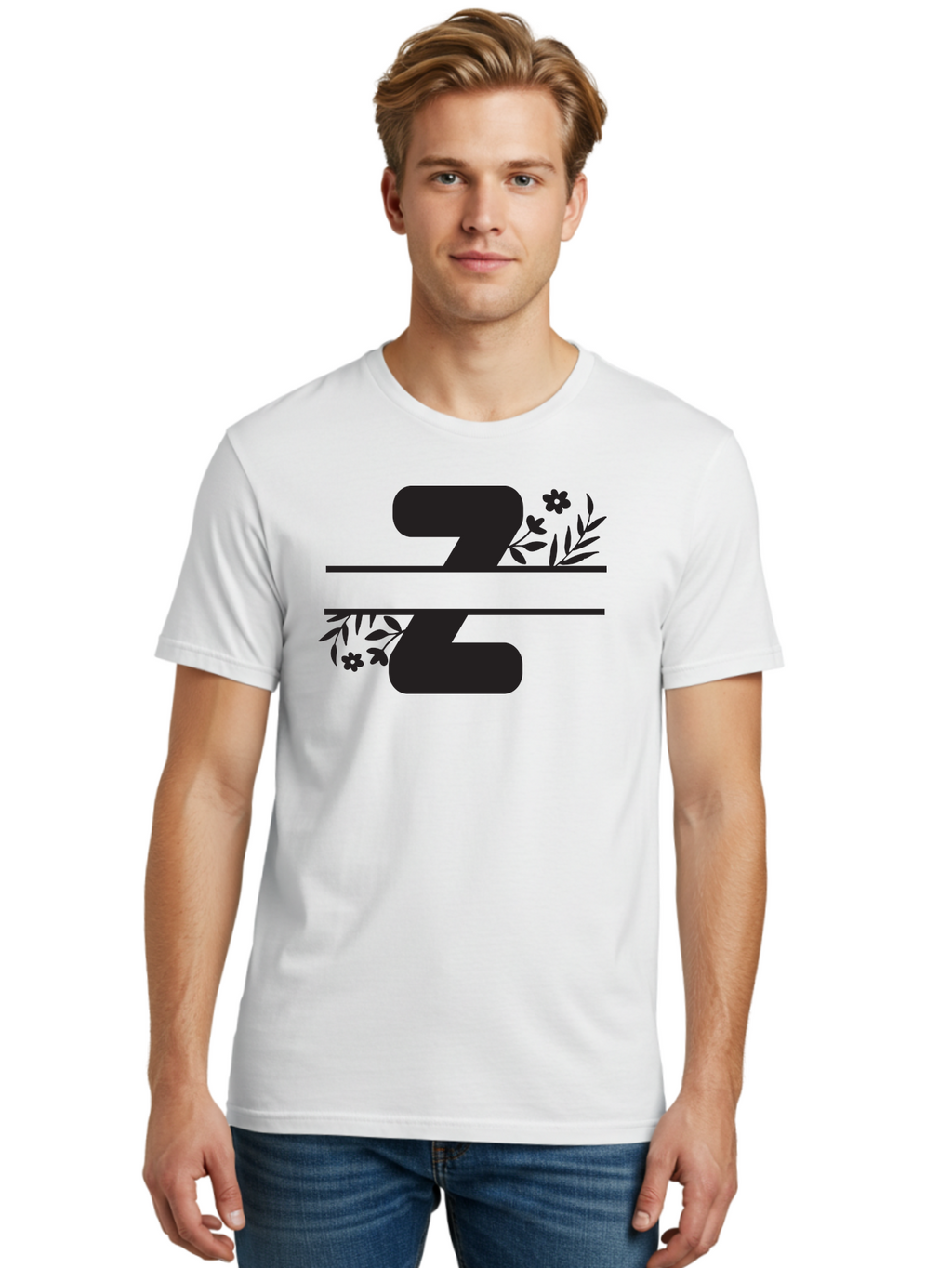 33 Men'S Graphic Tee, 100% Cotton, Comfortable Casual Summer Wear, Machine Washable, Number 33, Floral Design, Leafy Patterns, Flower Motifs, Elegant Typography, Decorative Elements, Black And Green Color Scheme Aac446