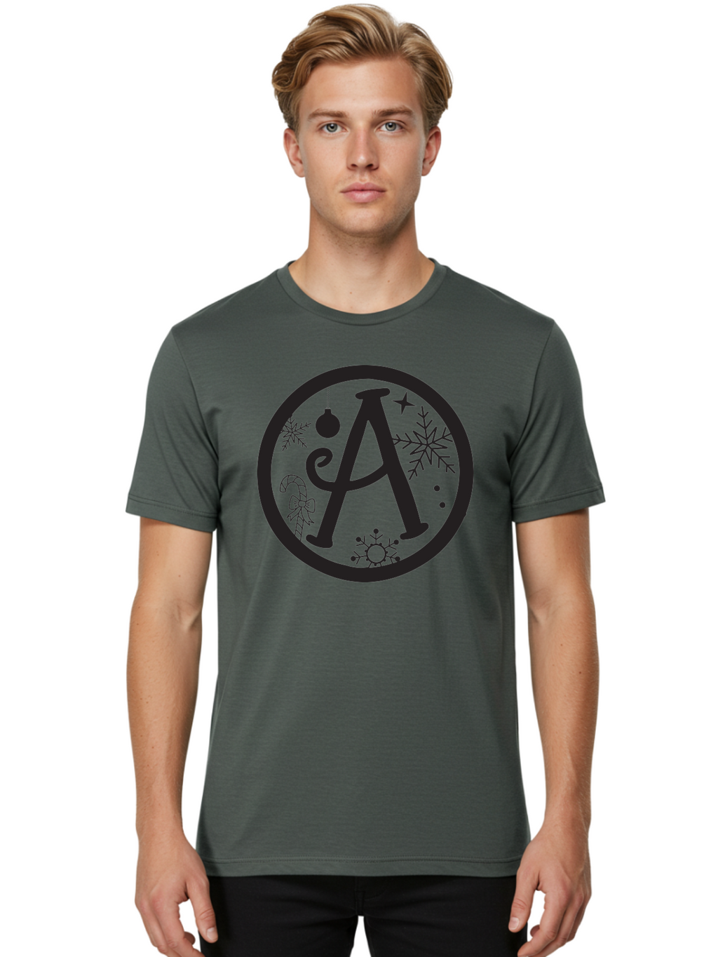 A Men'S Graphic Tee, 100% Cotton, Comfortable Casual Summer Wear, Machine Washable, Christmas Decorations, Black Letter A, Snowflakes, Candy Cane, Christmas Ornament, Holiday Themes, Festive Designs, Winter Wonderland, Christmas Symbols, Aac448