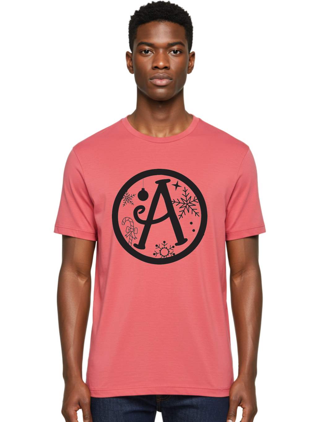 A Men'S Graphic Tee, 100% Cotton, Comfortable Casual Summer Wear, Machine Washable, Christmas Decorations, Black Letter A, Snowflakes, Candy Cane, Christmas Ornament, Holiday Themes, Festive Designs, Winter Wonderland, Christmas Symbols, Aac448