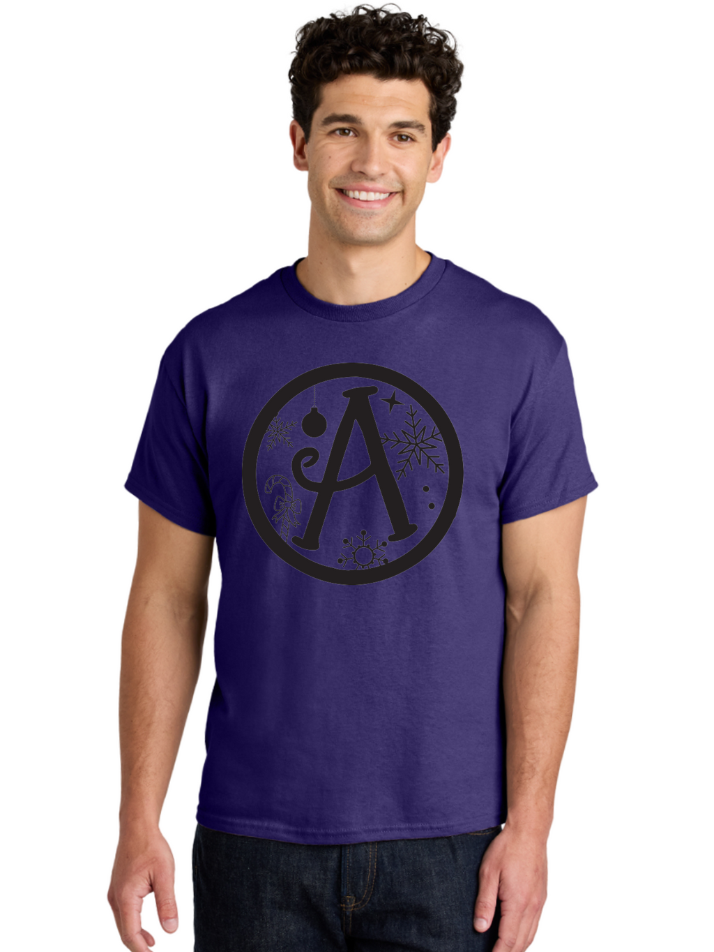A Men'S Graphic Tee, 100% Cotton, Comfortable Casual Summer Wear, Machine Washable, Christmas Decorations, Black Letter A, Snowflakes, Candy Cane, Christmas Ornament, Holiday Themes, Festive Designs, Winter Wonderland, Christmas Symbols, Aac448