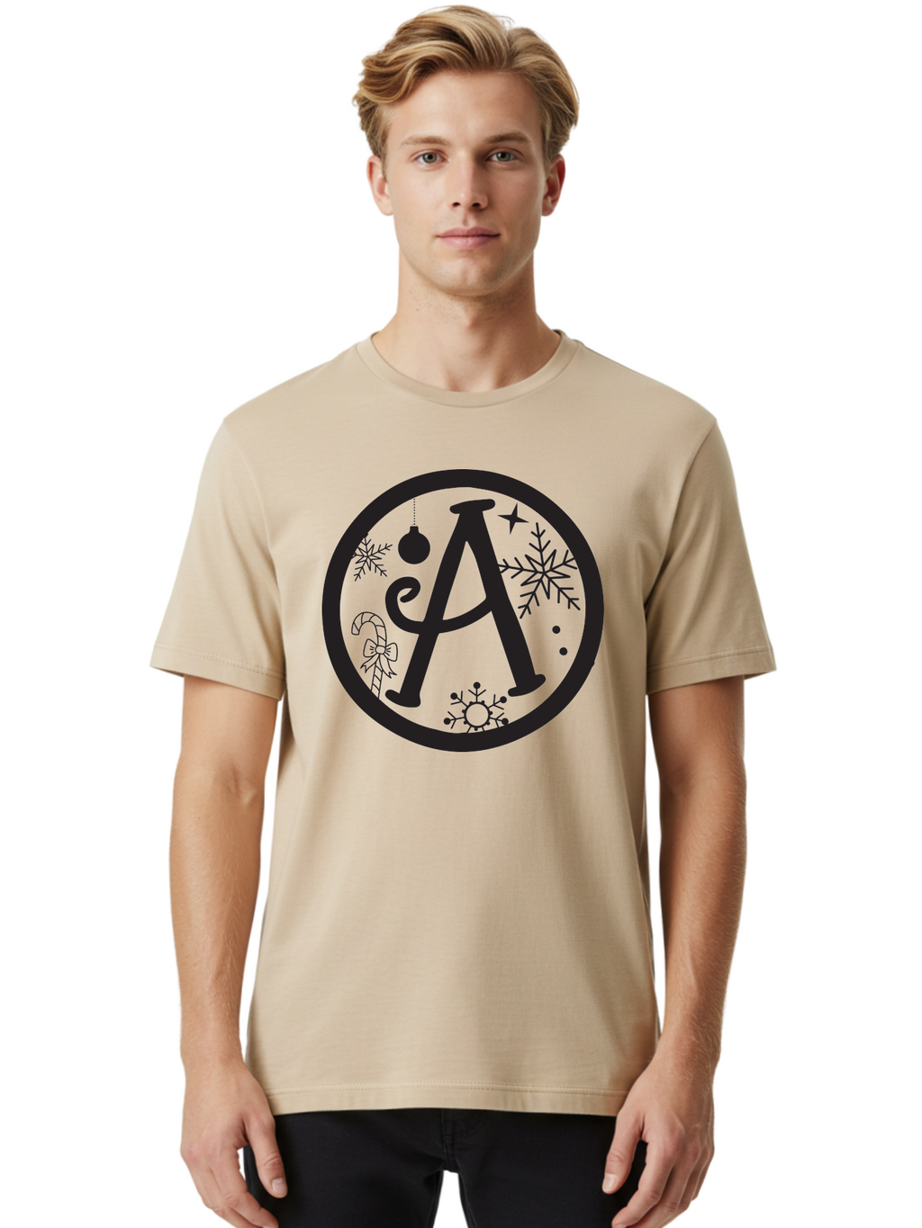 A Men'S Graphic Tee, 100% Cotton, Comfortable Casual Summer Wear, Machine Washable, Christmas Decorations, Black Letter A, Snowflakes, Candy Cane, Christmas Ornament, Holiday Themes, Festive Designs, Winter Wonderland, Christmas Symbols, Aac448
