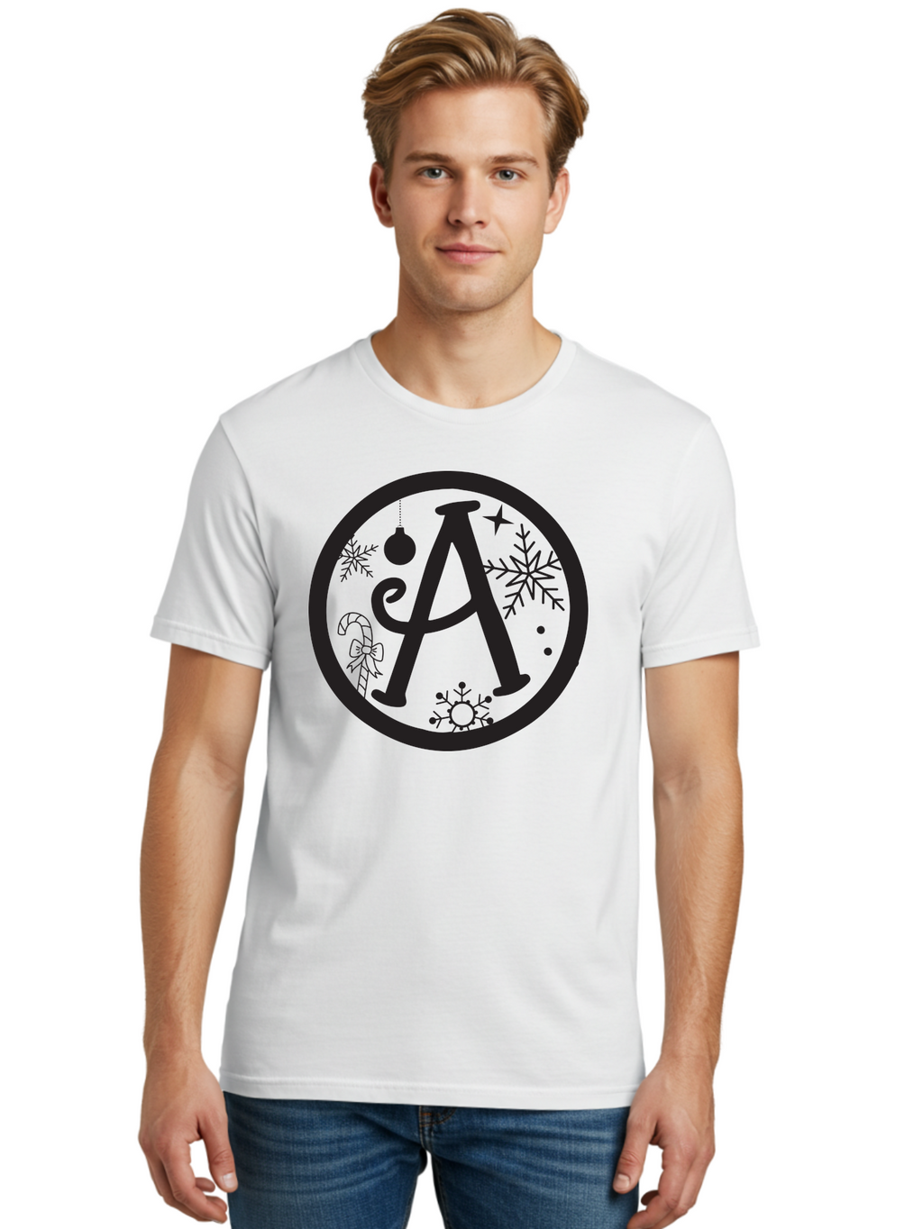 A Men'S Graphic Tee, 100% Cotton, Comfortable Casual Summer Wear, Machine Washable, Christmas Decorations, Black Letter A, Snowflakes, Candy Cane, Christmas Ornament, Holiday Themes, Festive Designs, Winter Wonderland, Christmas Symbols, Aac448