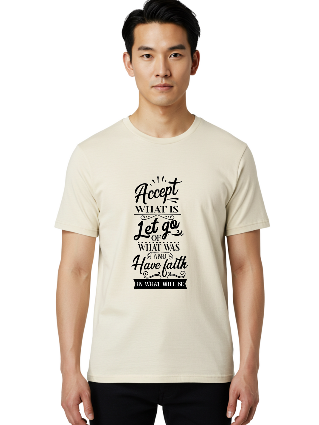 Accept-What-Is Men'S Graphic Tee, 100% Cotton, Comfortable Casual Summer Wear, Machine Washable, Inspirational Quote, Motivational Words, Positive Affirmation, Let Go And Have Faith, Self-Empowerment, Inner Strength, Personal Growth, Accept, Aac450