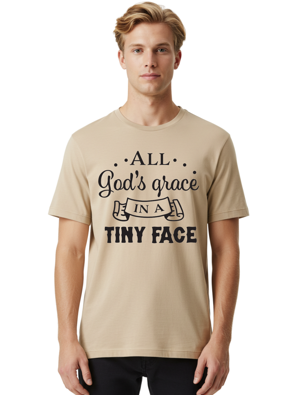 All-God-S-Grace-In-A-Tiny-Face Men'S Graphic Tee, 100% Cotton, Comfortable Casual Summer Wear, Machine Washable, Inspirational Quote, God'S Grace, Tiny Face, Cute Baby, Baby Blessing, Inspirational Message, Baby Quote, Faith, Love, Aac455