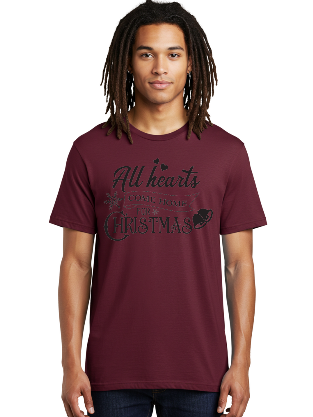 All-Hearts-Come-Home-For-Christmas Men'S Graphic Tee, 100% Cotton, Comfortable Casual Summer Wear, Machine Washable, Christmas Message, Holiday Greeting, Festive Typography, Black Text, Come Home For Christmas, Hearts, Snowflake, Santa Hat, Aac456