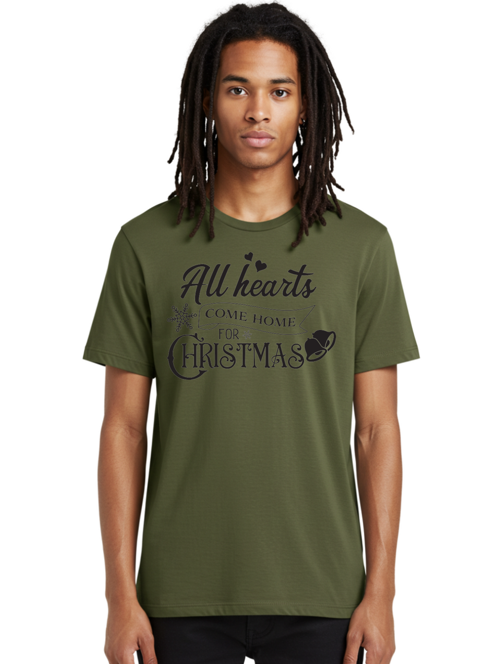 All-Hearts-Come-Home-For-Christmas Men'S Graphic Tee, 100% Cotton, Comfortable Casual Summer Wear, Machine Washable, Christmas Message, Holiday Greeting, Festive Typography, Black Text, Come Home For Christmas, Hearts, Snowflake, Santa Hat, Aac456