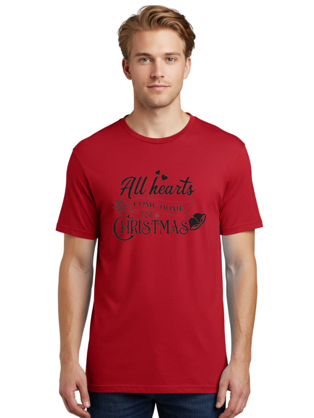 All-Hearts-Come-Home-For-Christmas Men'S Graphic Tee, 100% Cotton, Comfortable Casual Summer Wear, Machine Washable, Christmas Message, Holiday Greeting, Festive Typography, Black Text, Come Home For Christmas, Hearts, Snowflake, Santa Hat, Aac456