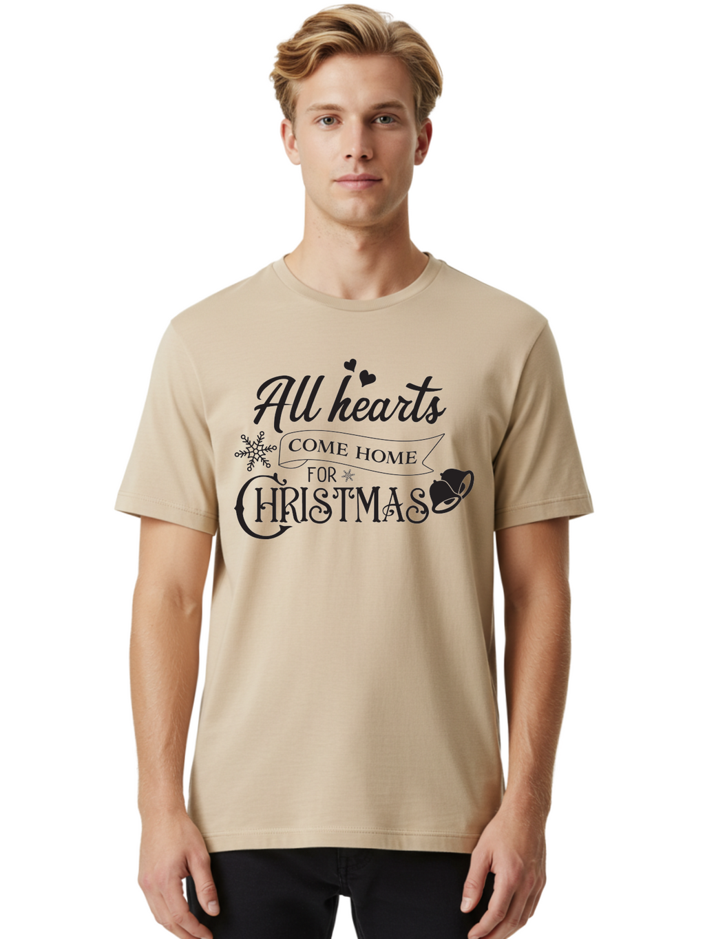 All-Hearts-Come-Home-For-Christmas Men'S Graphic Tee, 100% Cotton, Comfortable Casual Summer Wear, Machine Washable, Christmas Message, Holiday Greeting, Festive Typography, Black Text, Come Home For Christmas, Hearts, Snowflake, Santa Hat, Aac456