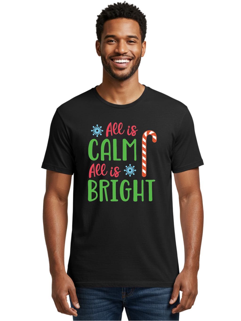 All-Is-Calm-All-Is-Bright Men'S Graphic Tee, 100% Cotton, Comfortable Casual Summer Wear, Machine Washable, Holiday Graphics, Christmas Decor, Candy Cane Art, Festive Typography, Winter Wonderland, Holiday Cheer, Christmas Magic, Sweet Treats, Aac458