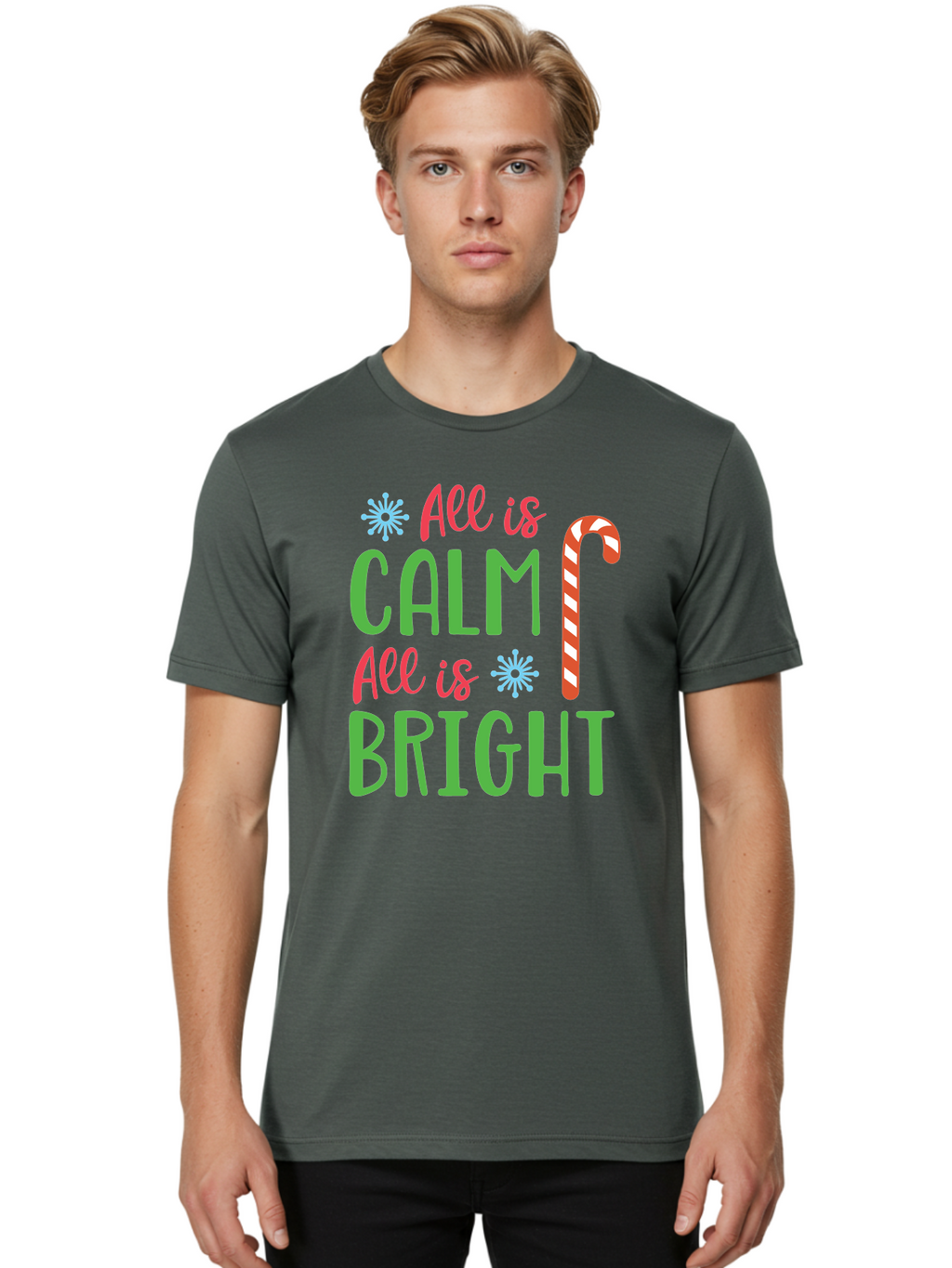 All-Is-Calm-All-Is-Bright Men'S Graphic Tee, 100% Cotton, Comfortable Casual Summer Wear, Machine Washable, Holiday Graphics, Christmas Decor, Candy Cane Art, Festive Typography, Winter Wonderland, Holiday Cheer, Christmas Magic, Sweet Treats, Aac458