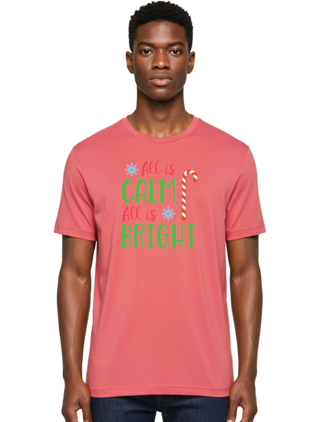 All-Is-Calm-All-Is-Bright Men'S Graphic Tee, 100% Cotton, Comfortable Casual Summer Wear, Machine Washable, Holiday Graphics, Christmas Decor, Candy Cane Art, Festive Typography, Winter Wonderland, Holiday Cheer, Christmas Magic, Sweet Treats, Aac458