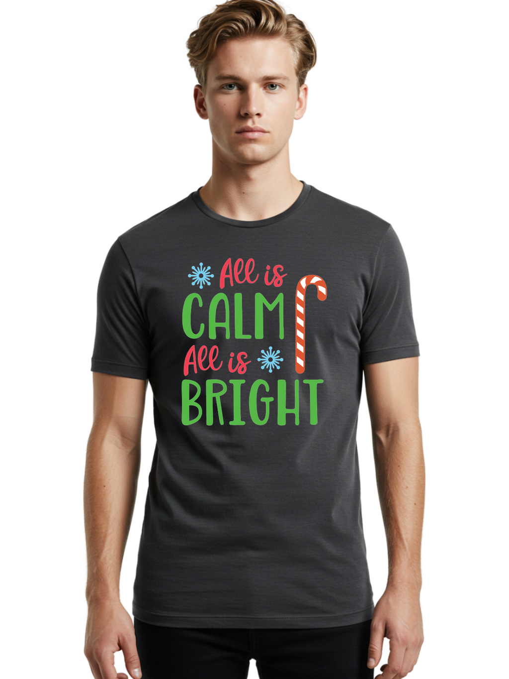 All-Is-Calm-All-Is-Bright Men'S Graphic Tee, 100% Cotton, Comfortable Casual Summer Wear, Machine Washable, Holiday Graphics, Christmas Decor, Candy Cane Art, Festive Typography, Winter Wonderland, Holiday Cheer, Christmas Magic, Sweet Treats, Aac458