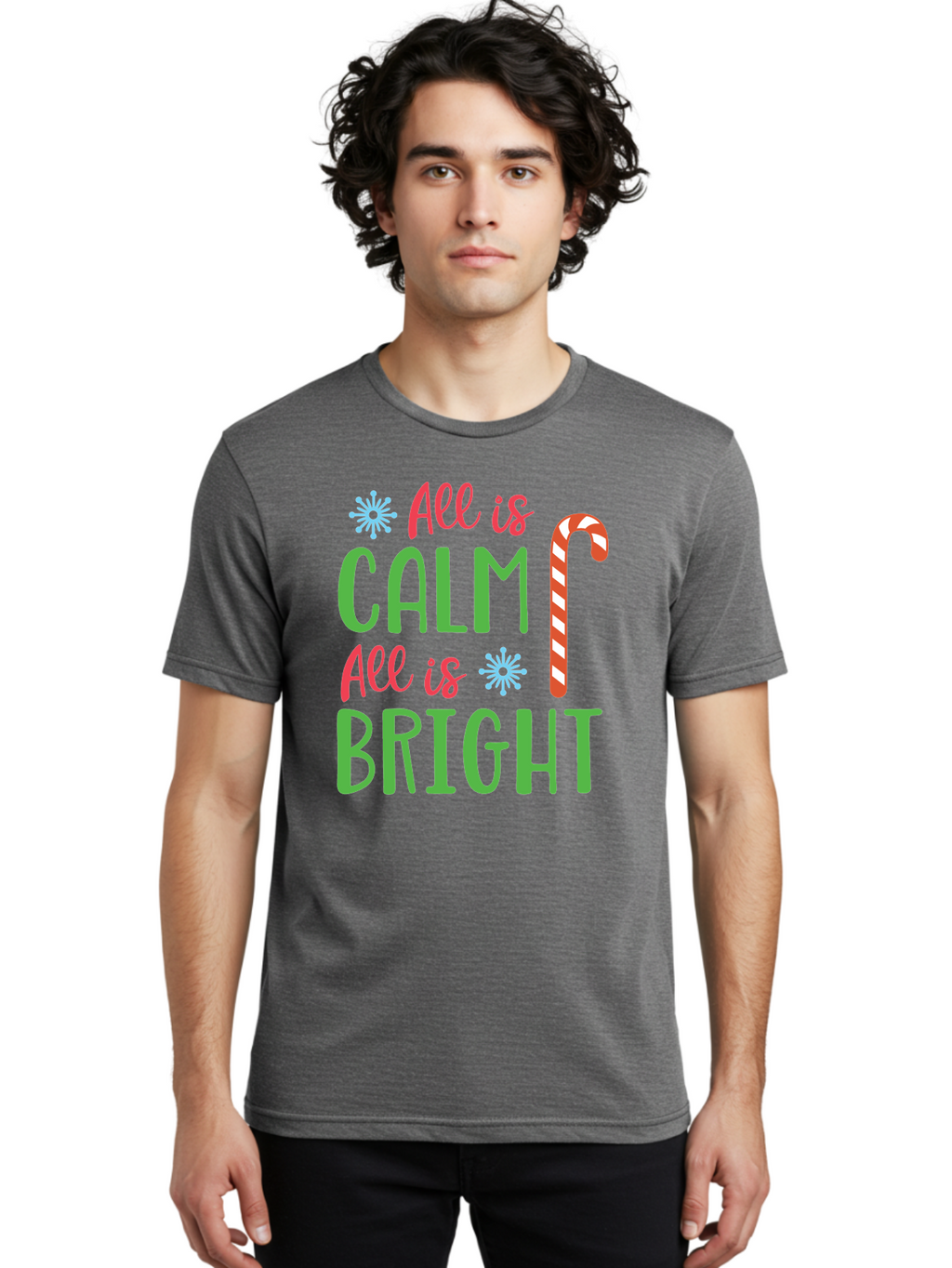 All-Is-Calm-All-Is-Bright Men'S Graphic Tee, 100% Cotton, Comfortable Casual Summer Wear, Machine Washable, Holiday Graphics, Christmas Decor, Candy Cane Art, Festive Typography, Winter Wonderland, Holiday Cheer, Christmas Magic, Sweet Treats, Aac458