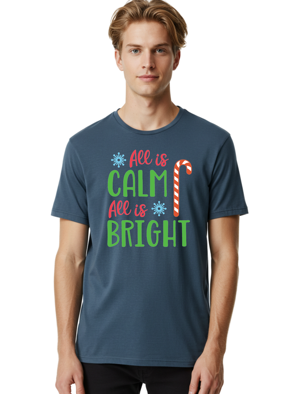 All-Is-Calm-All-Is-Bright Men'S Graphic Tee, 100% Cotton, Comfortable Casual Summer Wear, Machine Washable, Holiday Graphics, Christmas Decor, Candy Cane Art, Festive Typography, Winter Wonderland, Holiday Cheer, Christmas Magic, Sweet Treats, Aac458