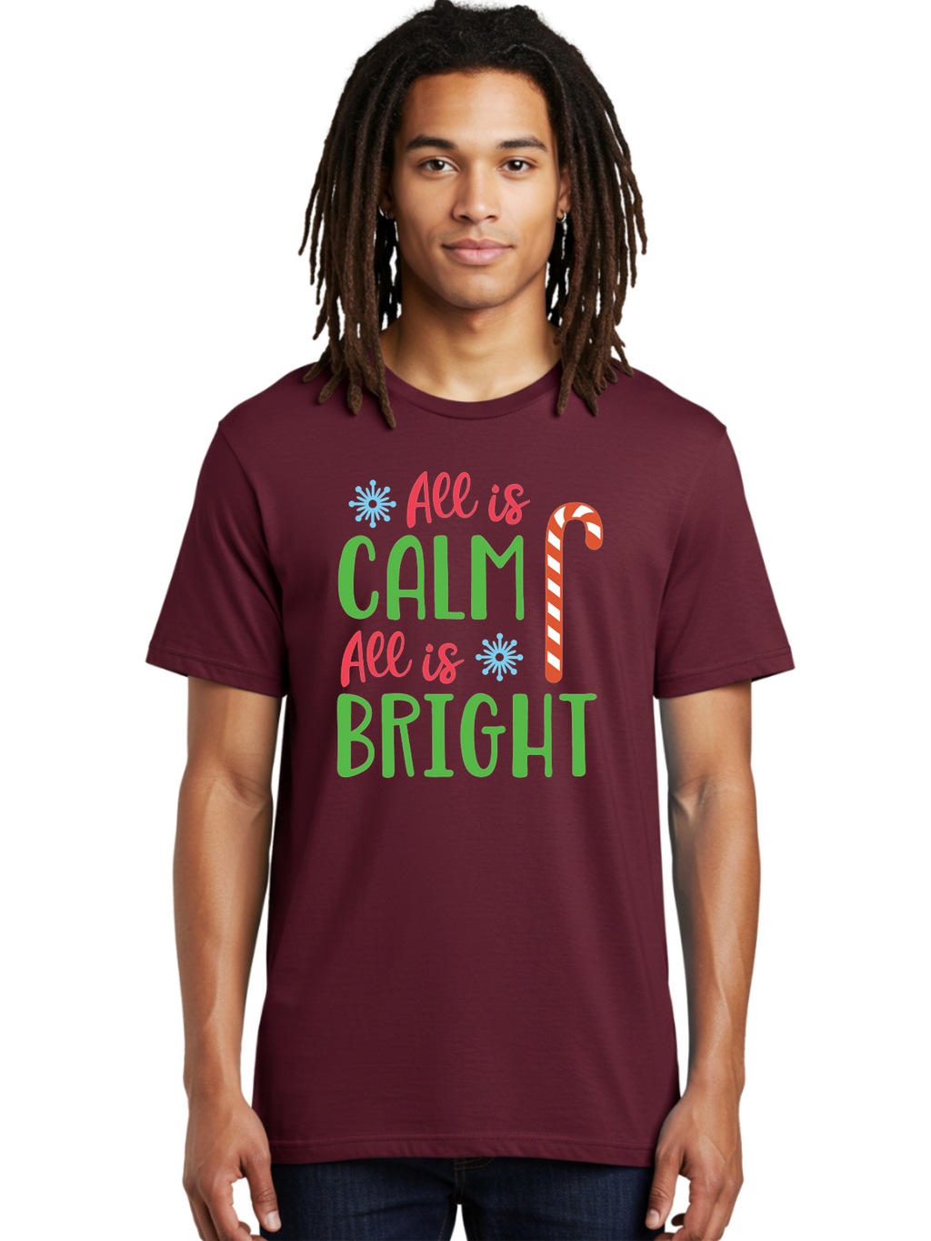All-Is-Calm-All-Is-Bright Men'S Graphic Tee, 100% Cotton, Comfortable Casual Summer Wear, Machine Washable, Holiday Graphics, Christmas Decor, Candy Cane Art, Festive Typography, Winter Wonderland, Holiday Cheer, Christmas Magic, Sweet Treats, Aac458