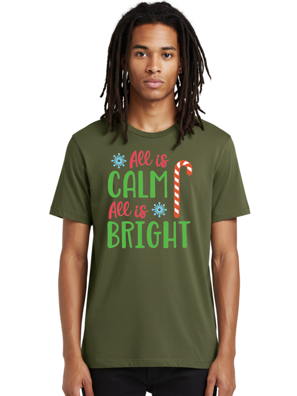 All-Is-Calm-All-Is-Bright Men'S Graphic Tee, 100% Cotton, Comfortable Casual Summer Wear, Machine Washable, Holiday Graphics, Christmas Decor, Candy Cane Art, Festive Typography, Winter Wonderland, Holiday Cheer, Christmas Magic, Sweet Treats, Aac458
