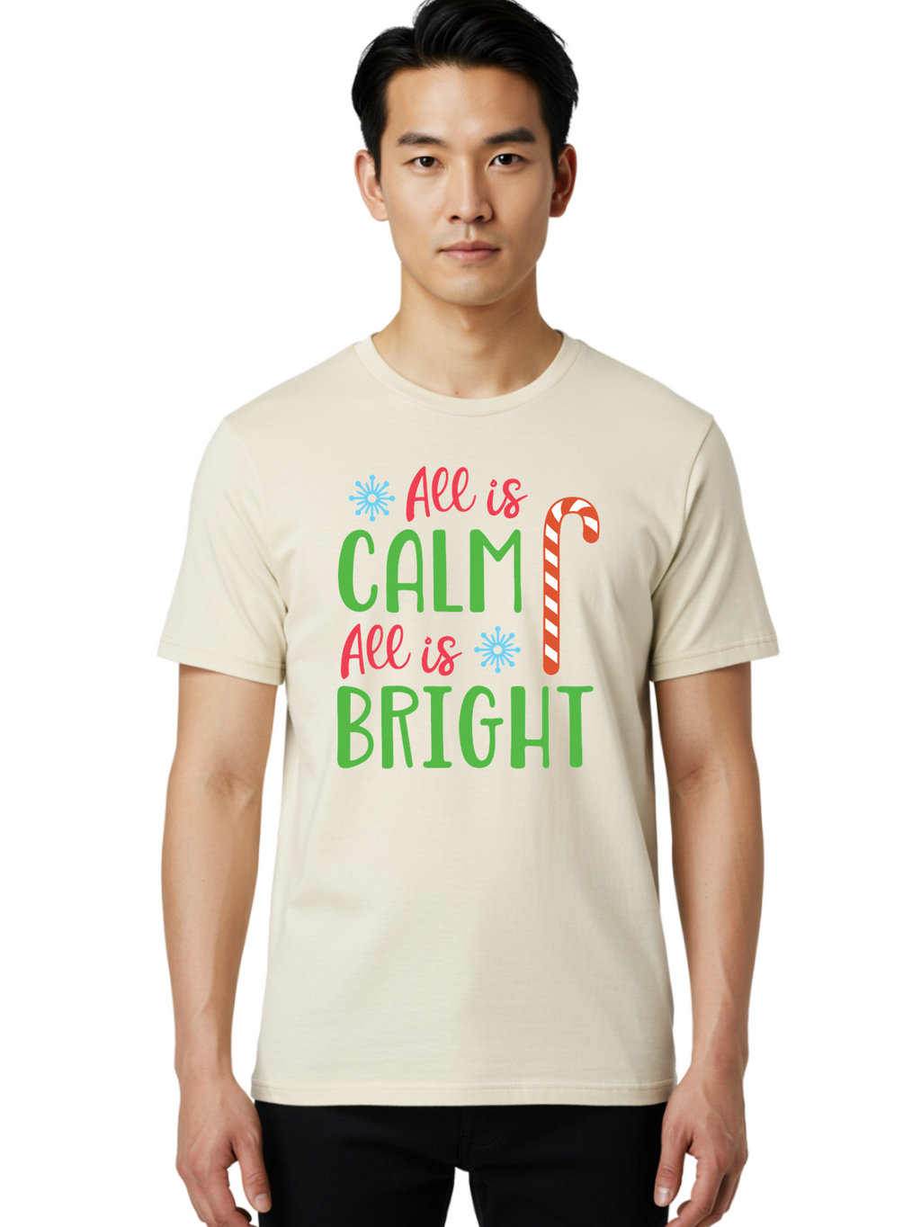 All-Is-Calm-All-Is-Bright Men'S Graphic Tee, 100% Cotton, Comfortable Casual Summer Wear, Machine Washable, Holiday Graphics, Christmas Decor, Candy Cane Art, Festive Typography, Winter Wonderland, Holiday Cheer, Christmas Magic, Sweet Treats, Aac458