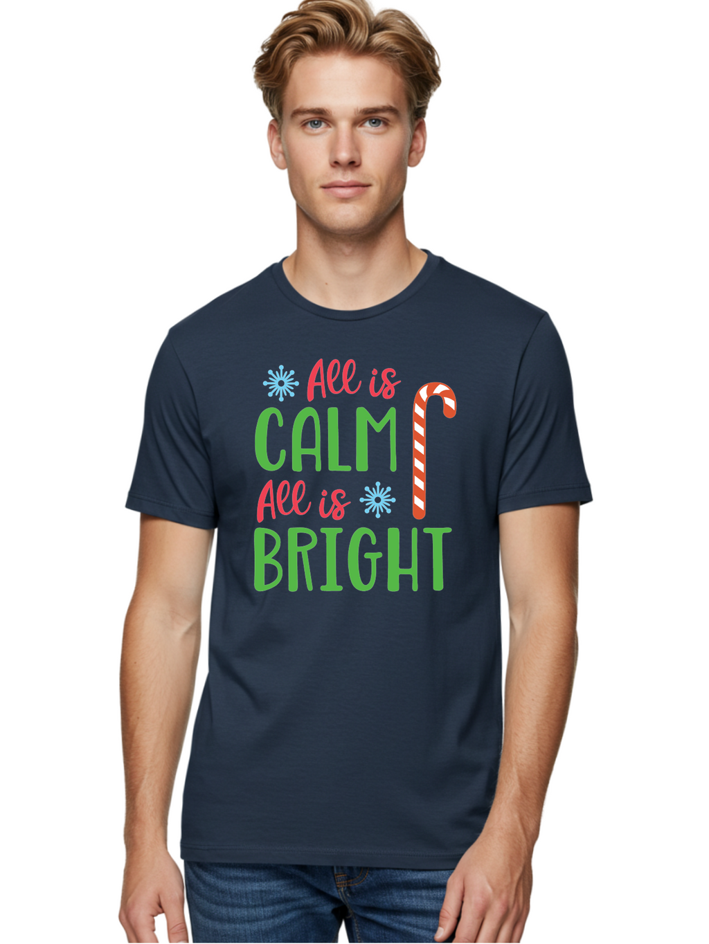 All-Is-Calm-All-Is-Bright Men'S Graphic Tee, 100% Cotton, Comfortable Casual Summer Wear, Machine Washable, Holiday Graphics, Christmas Decor, Candy Cane Art, Festive Typography, Winter Wonderland, Holiday Cheer, Christmas Magic, Sweet Treats, Aac458