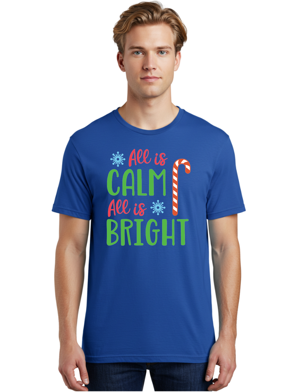 All-Is-Calm-All-Is-Bright Men'S Graphic Tee, 100% Cotton, Comfortable Casual Summer Wear, Machine Washable, Holiday Graphics, Christmas Decor, Candy Cane Art, Festive Typography, Winter Wonderland, Holiday Cheer, Christmas Magic, Sweet Treats, Aac458