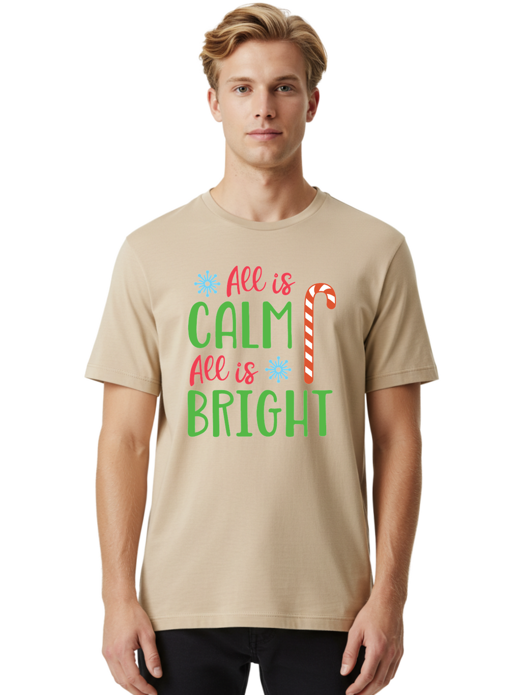 All-Is-Calm-All-Is-Bright Men'S Graphic Tee, 100% Cotton, Comfortable Casual Summer Wear, Machine Washable, Holiday Graphics, Christmas Decor, Candy Cane Art, Festive Typography, Winter Wonderland, Holiday Cheer, Christmas Magic, Sweet Treats, Aac458